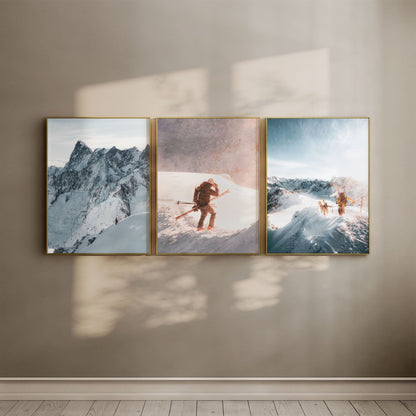 Set of three Vallée Blanche skiing prints featuring mountain ridges, a skier in action, and a group traversing alpine landscapes.