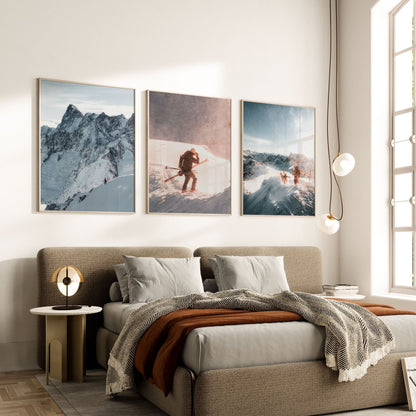 Set of three Vallée Blanche skiing prints showcasing dramatic peaks, a solo skier, and a group of adventurers in the French Alps.