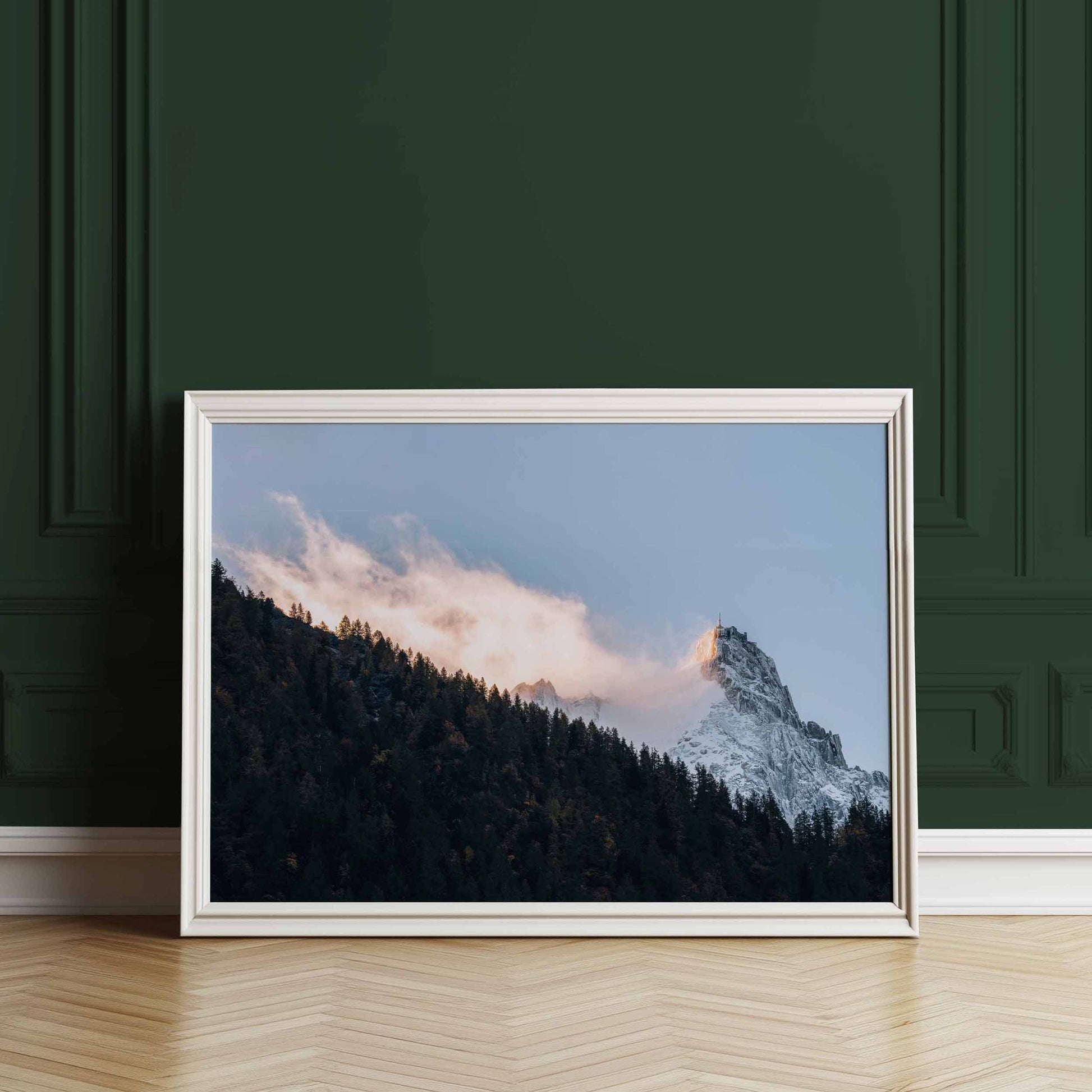 Vertical framed print of Aiguille du Midi in Chamonix, ideal for enhancing any home or office decor with mountain charm.