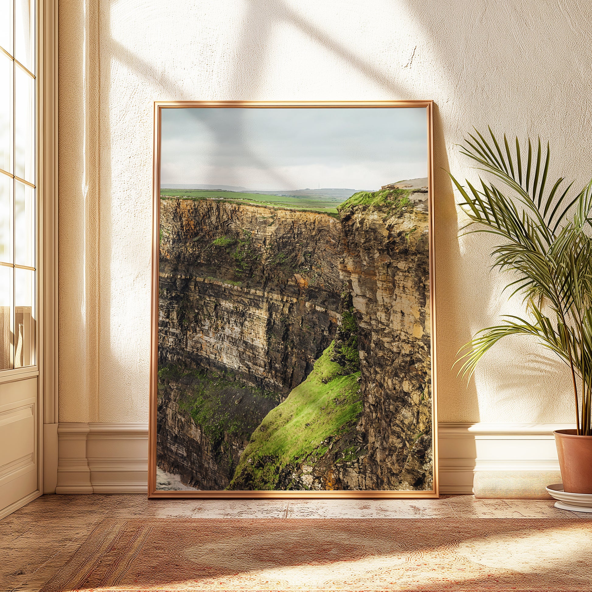Detailed photo of the vertical cliffs and green grass edge at Moher, Ireland
