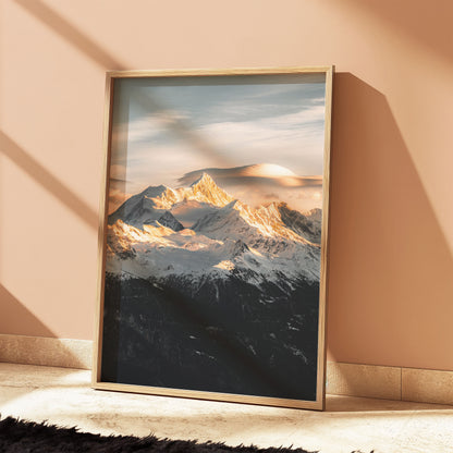 Alpine Weisshorn at dusk with warm light and dramatic scenery, ideal for nature and mountain wall art.