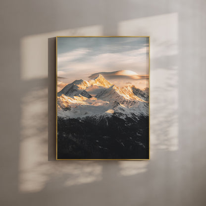 Weisshorn mountain at sunset with golden light on snow-capped peaks, perfect for alpine nature wall art.