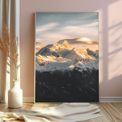 Evening view of Weisshorn with snow-covered peaks and golden skies, perfect for mountain wall decor.