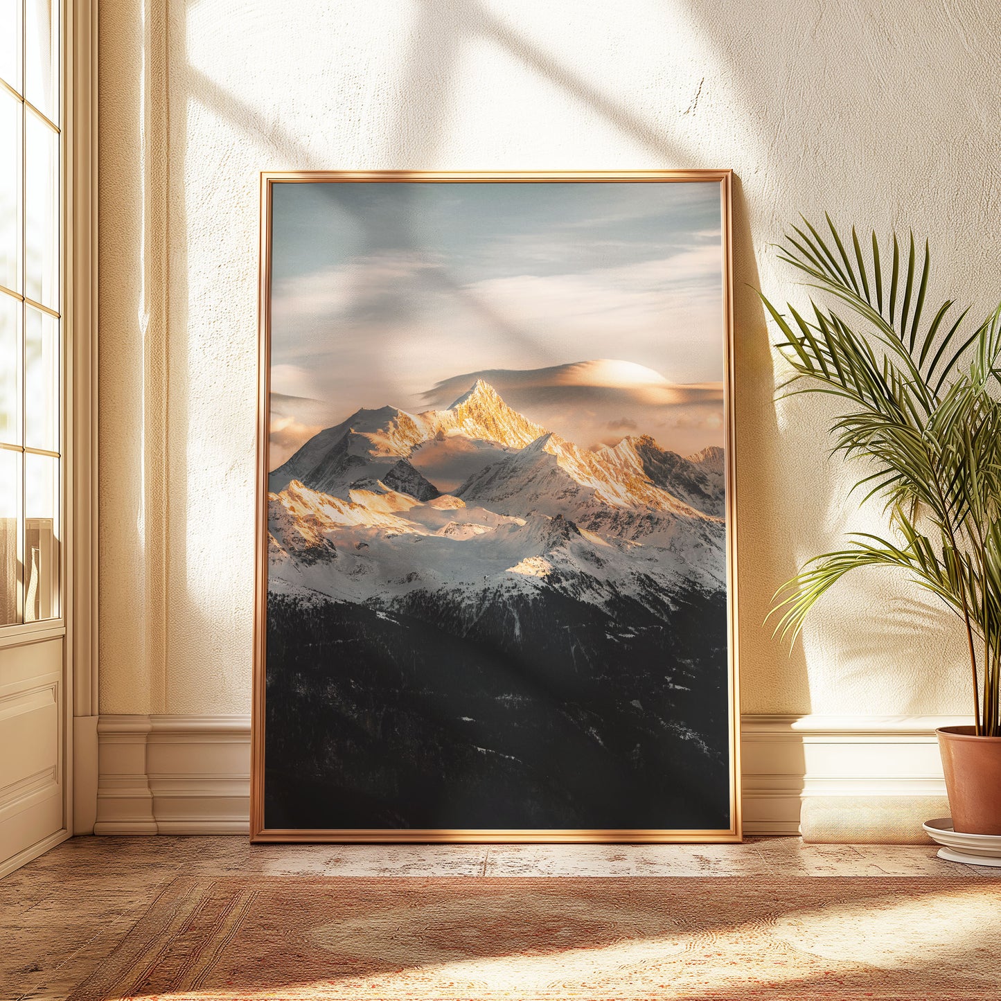 Weisshorn mountain peaks bathed in golden sunset light, creating a serene nature wall art piece.