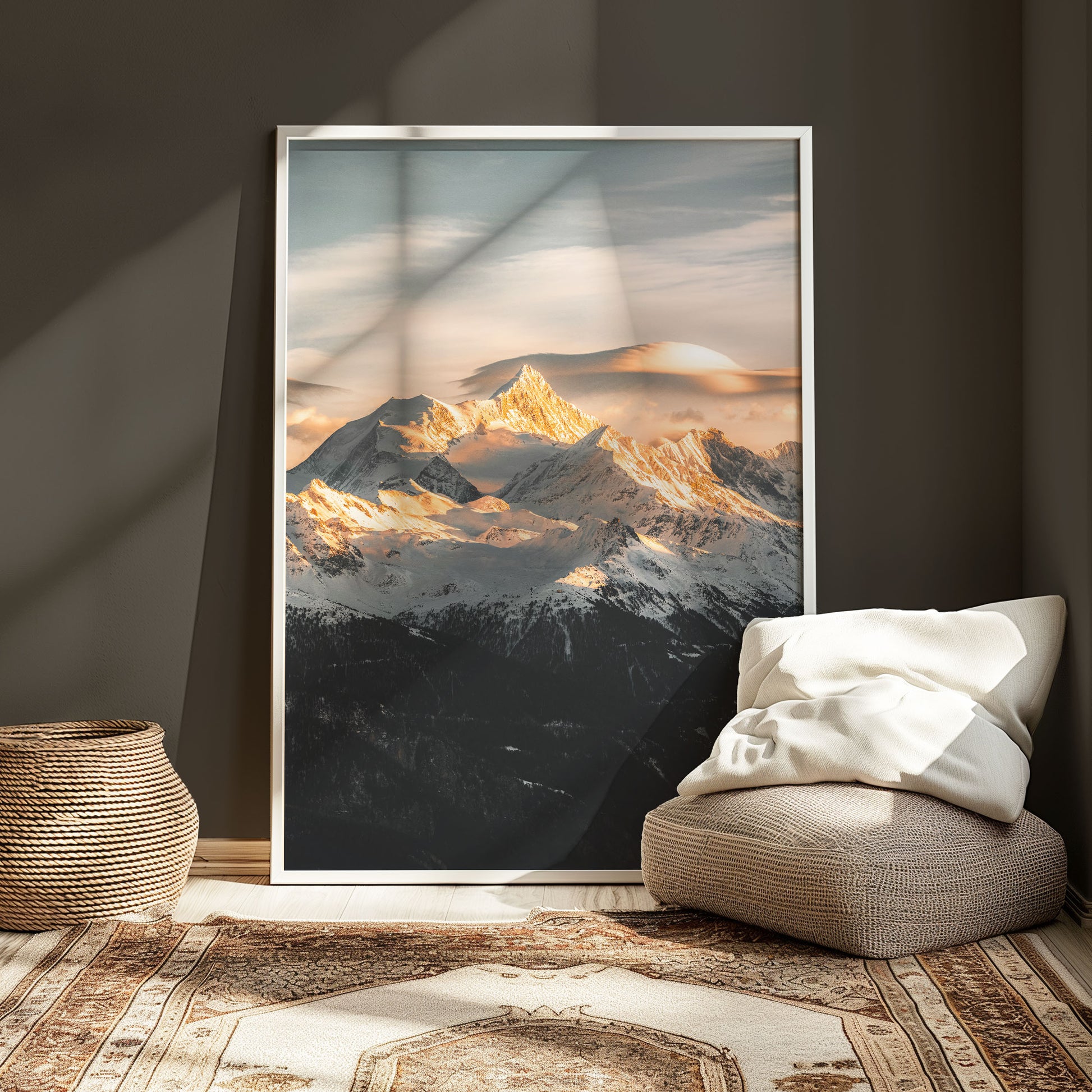 Sunset view of Weisshorn with a glowing alpine landscape, ideal for mountain-inspired wall art