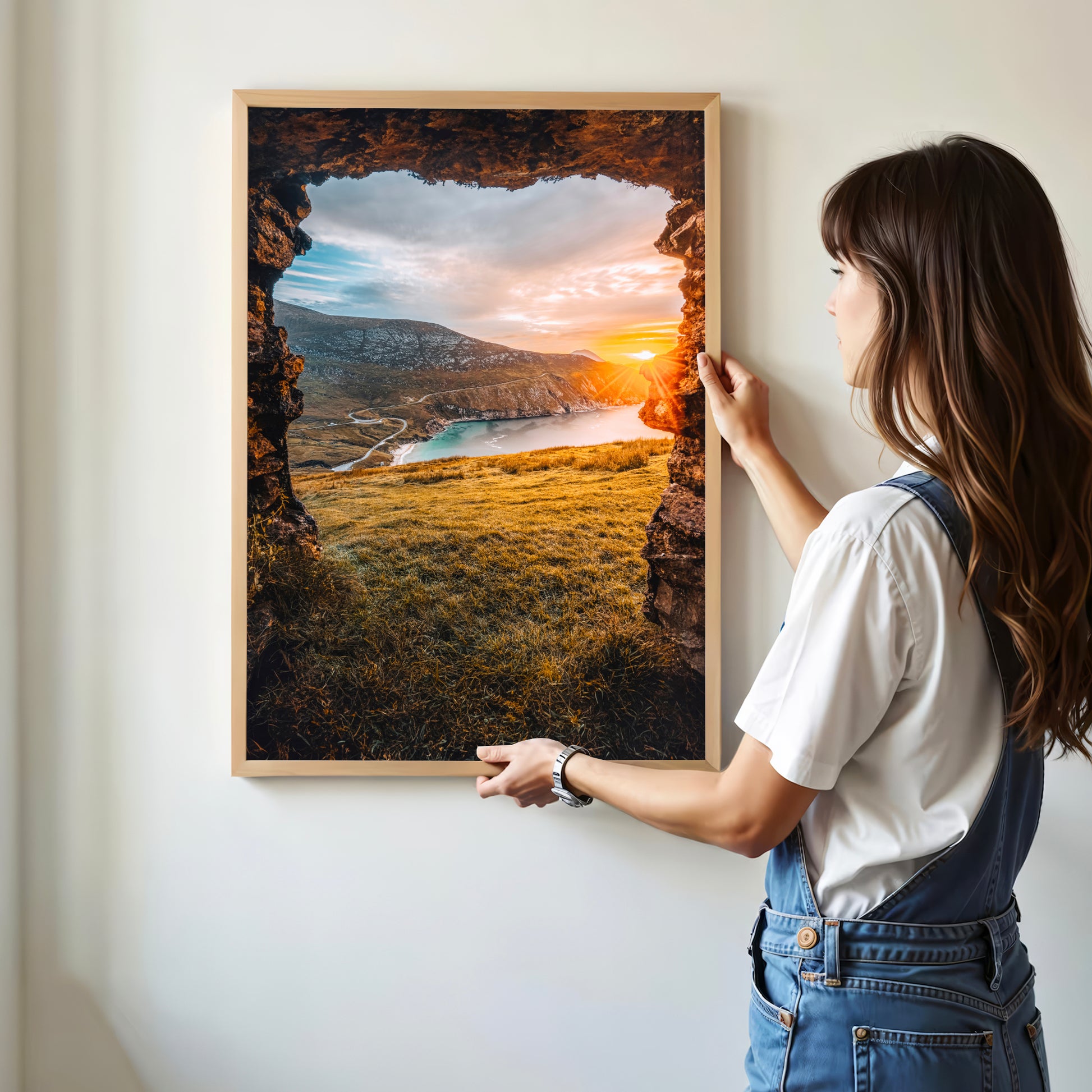Sunset view of Keem Beach framed by coastal cliffs on Achill Island, Ireland.
